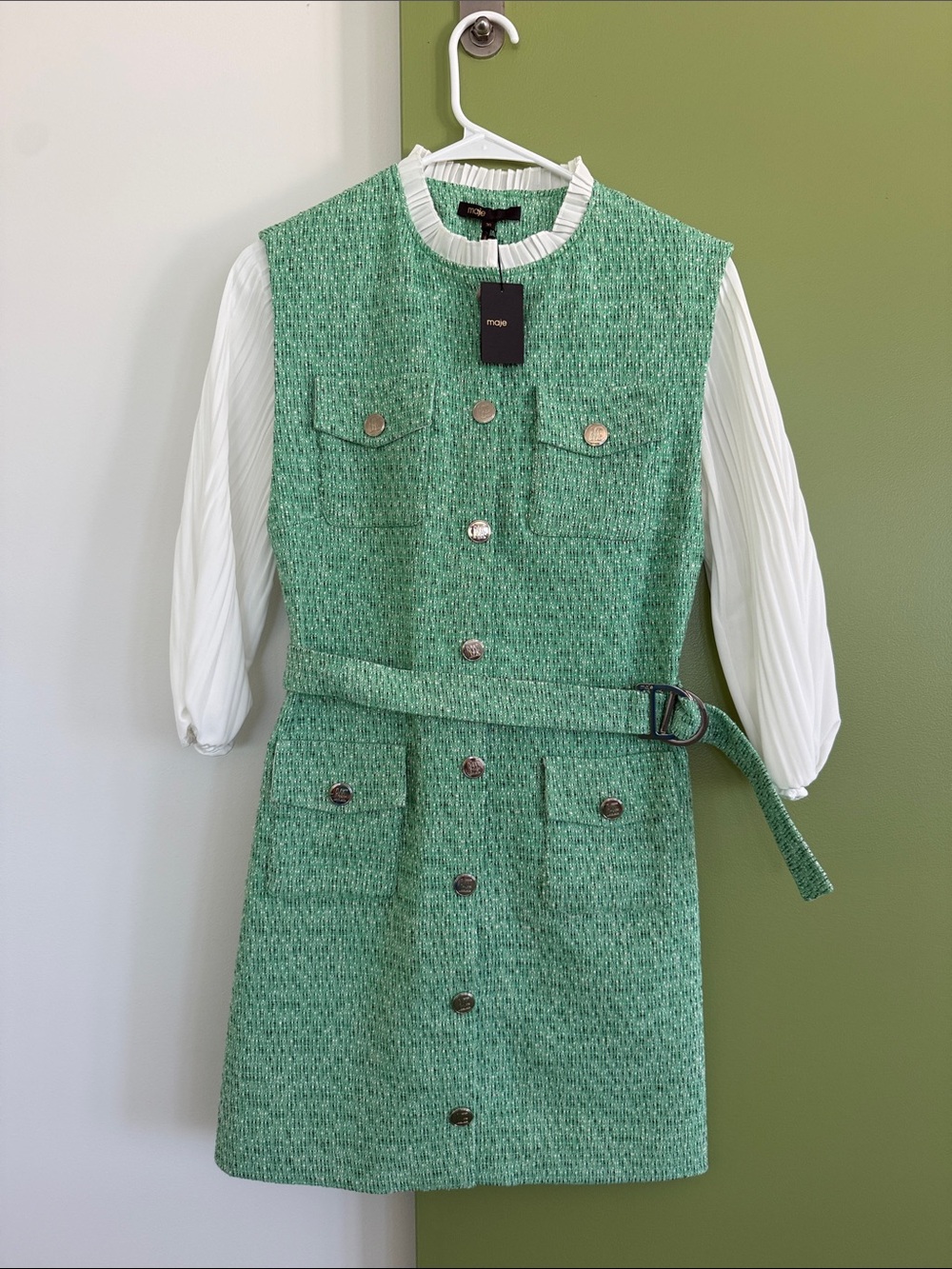 Maje Green Tweed Belted Mini Dress with White Blouse Detail
